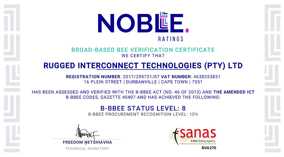 Rugged Interconnect BBBEE Certificate