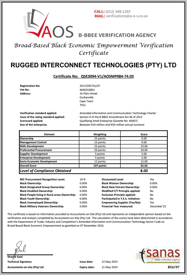 Rugged Interconnect BBBEE Certificate